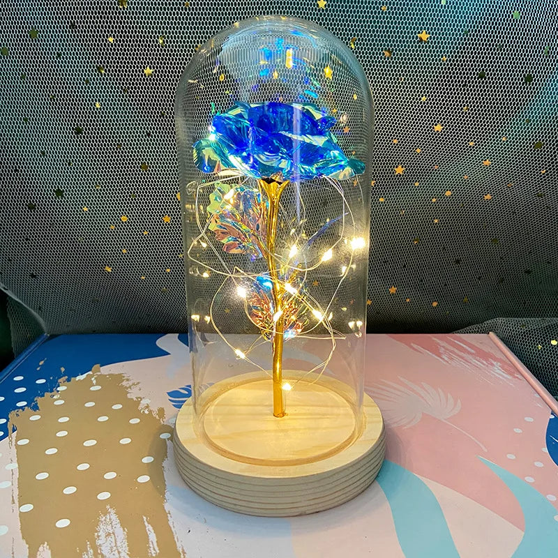 LED Valentine Day Gift for Girlfriend Eternal Rose Light 24K Gold Foil Flower in Glass Cover Mothers Day Wedding Bridesmaid Gift