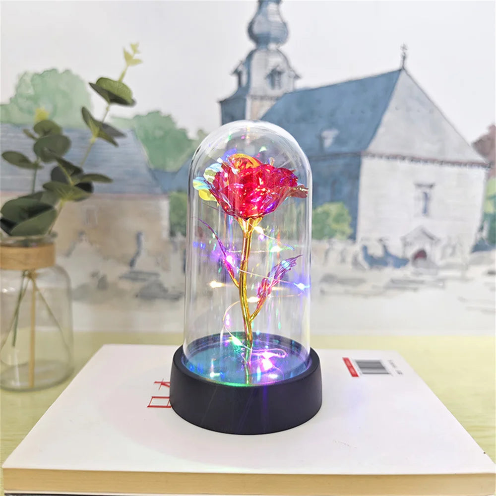LED Valentine Day Gift for Girlfriend Eternal Rose Light 24K Gold Foil Flower in Glass Cover Mothers Day Wedding Bridesmaid Gift