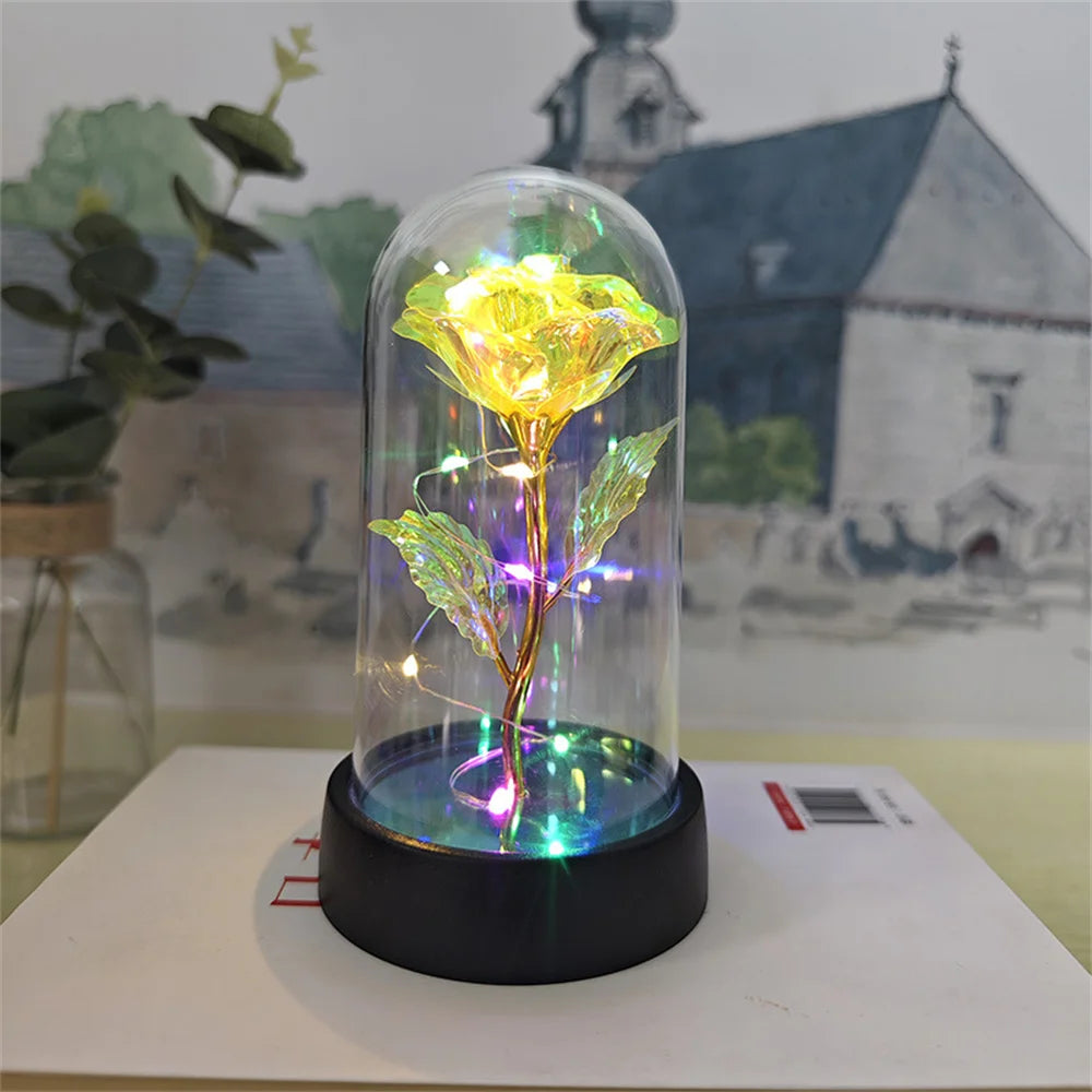 LED Valentine Day Gift for Girlfriend Eternal Rose Light 24K Gold Foil Flower in Glass Cover Mothers Day Wedding Bridesmaid Gift