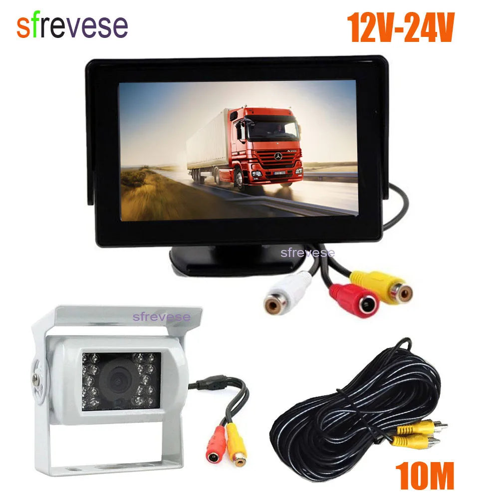 4.3" Car LCD Monitor , Waterproof 18 LED IR Night Vision Reverse Parking Backup Camera Rear View Kit 10M Cable 12V-24V
