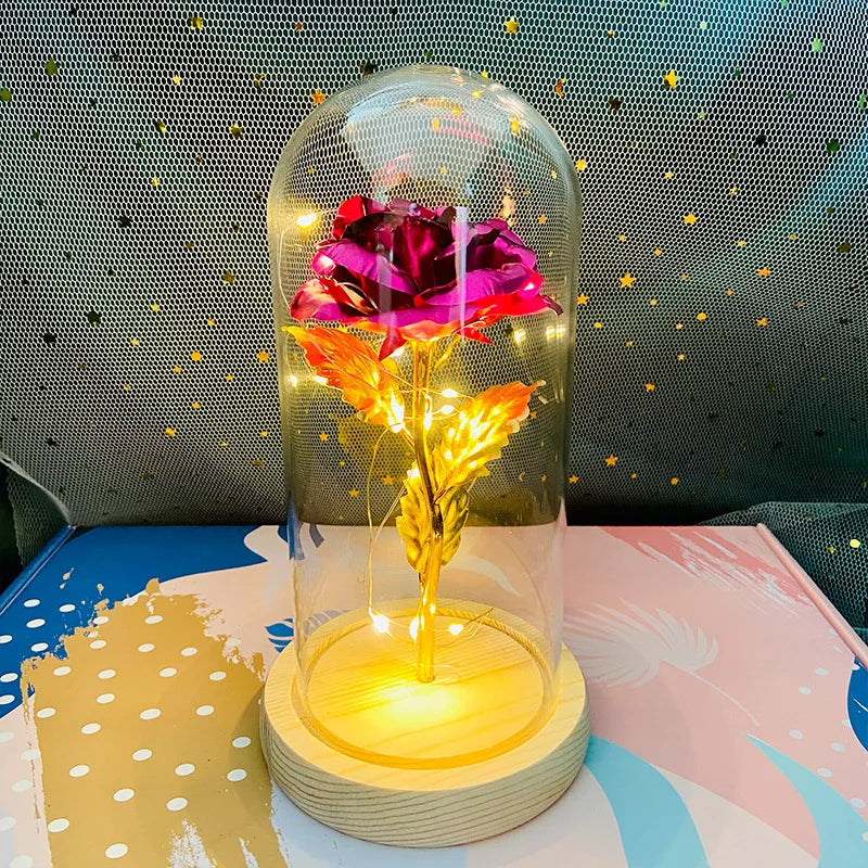 LED Valentine Day Gift for Girlfriend Eternal Rose Light 24K Gold Foil Flower in Glass Cover Mothers Day Wedding Bridesmaid Gift