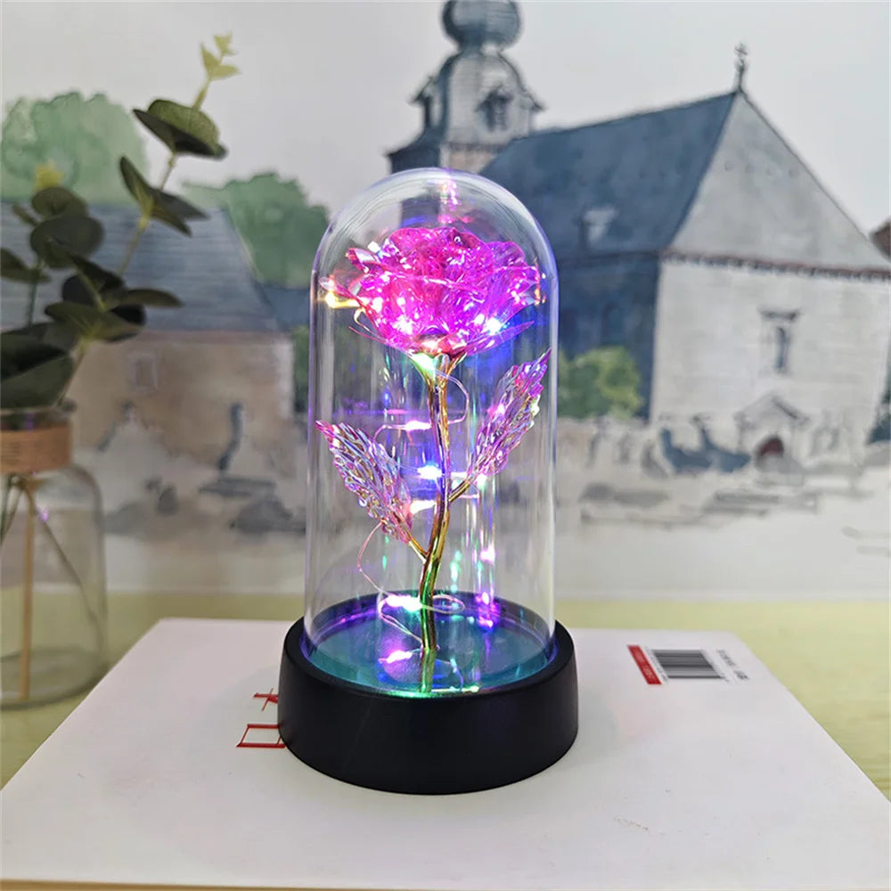 LED Valentine Day Gift for Girlfriend Eternal Rose Light 24K Gold Foil Flower in Glass Cover Mothers Day Wedding Bridesmaid Gift