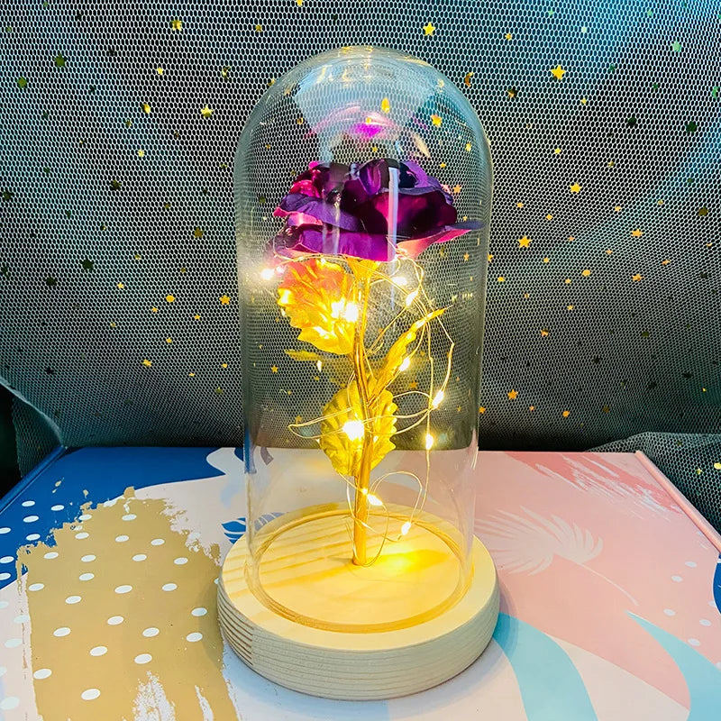 LED Valentine Day Gift for Girlfriend Eternal Rose Light 24K Gold Foil Flower in Glass Cover Mothers Day Wedding Bridesmaid Gift