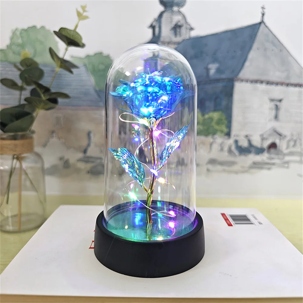LED Valentine Day Gift for Girlfriend Eternal Rose Light 24K Gold Foil Flower in Glass Cover Mothers Day Wedding Bridesmaid Gift
