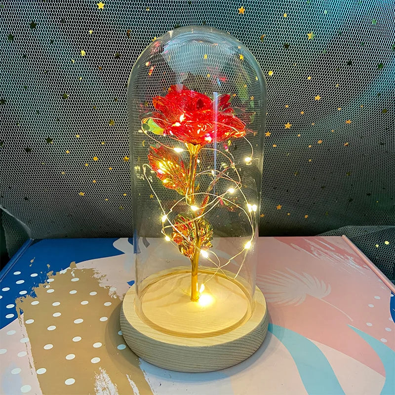 LED Valentine Day Gift for Girlfriend Eternal Rose Light 24K Gold Foil Flower in Glass Cover Mothers Day Wedding Bridesmaid Gift