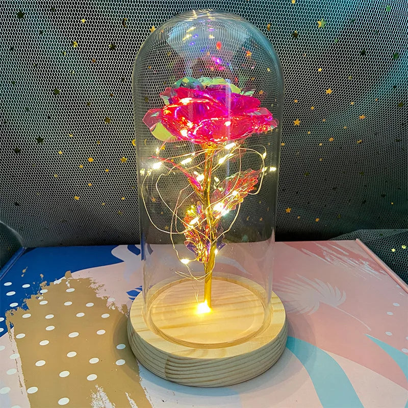 LED Valentine Day Gift for Girlfriend Eternal Rose Light 24K Gold Foil Flower in Glass Cover Mothers Day Wedding Bridesmaid Gift