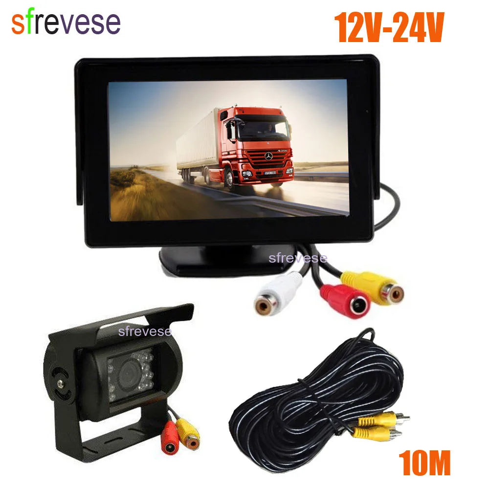 4.3" Car LCD Monitor , Waterproof 18 LED IR Night Vision Reverse Parking Backup Camera Rear View Kit 10M Cable 12V-24V