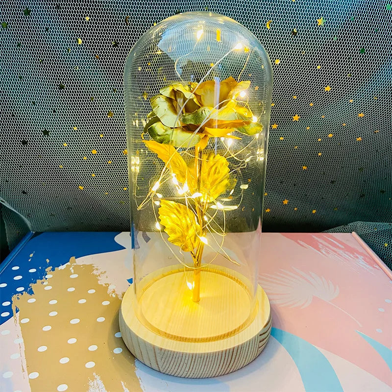 LED Valentine Day Gift for Girlfriend Eternal Rose Light 24K Gold Foil Flower in Glass Cover Mothers Day Wedding Bridesmaid Gift