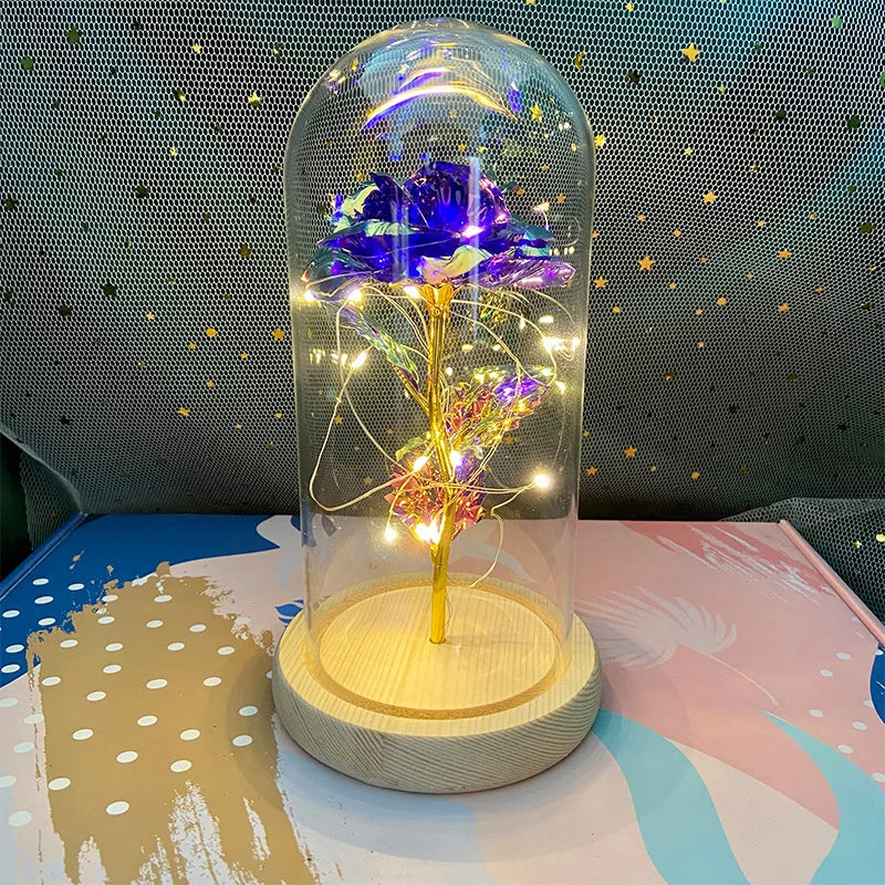 LED Valentine Day Gift for Girlfriend Eternal Rose Light 24K Gold Foil Flower in Glass Cover Mothers Day Wedding Bridesmaid Gift