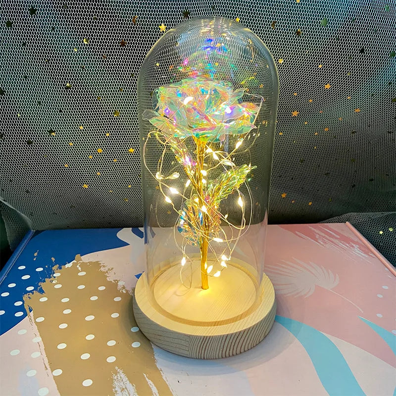 LED Valentine Day Gift for Girlfriend Eternal Rose Light 24K Gold Foil Flower in Glass Cover Mothers Day Wedding Bridesmaid Gift