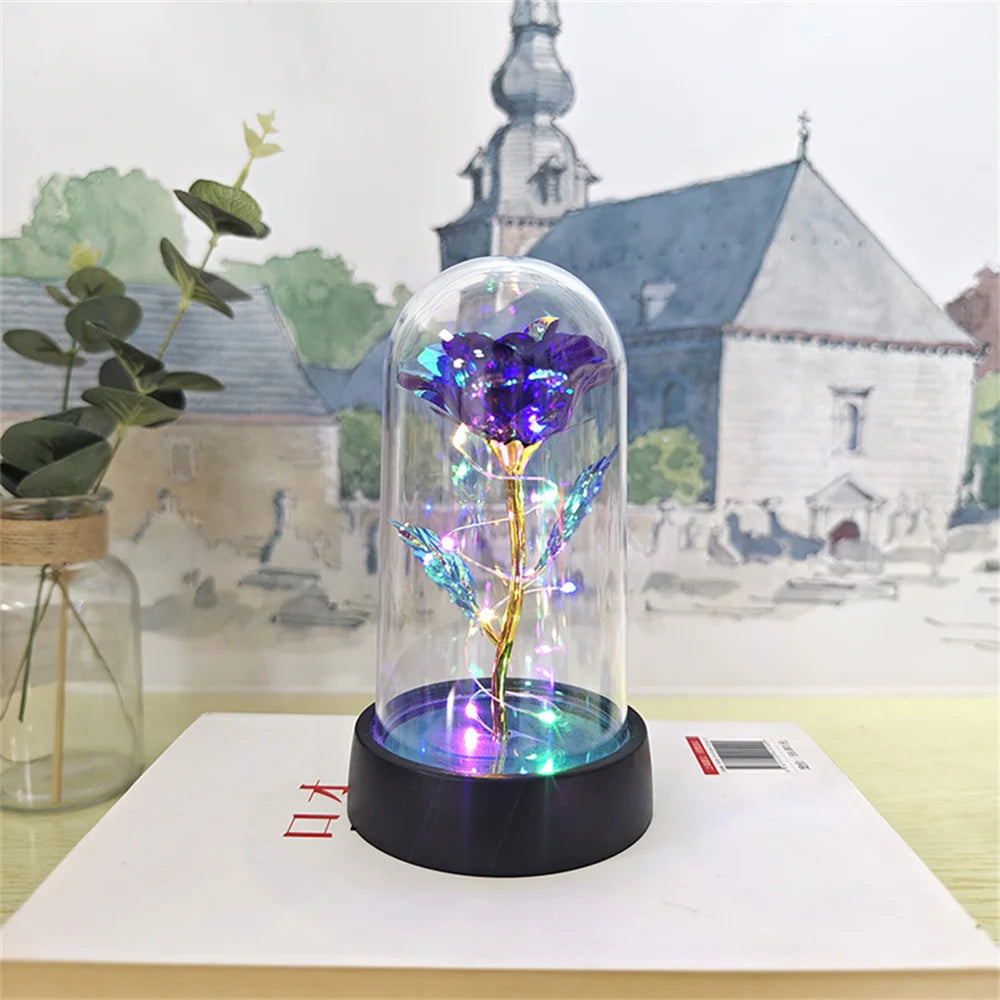 LED Valentine Day Gift for Girlfriend Eternal Rose Light 24K Gold Foil Flower in Glass Cover Mothers Day Wedding Bridesmaid Gift