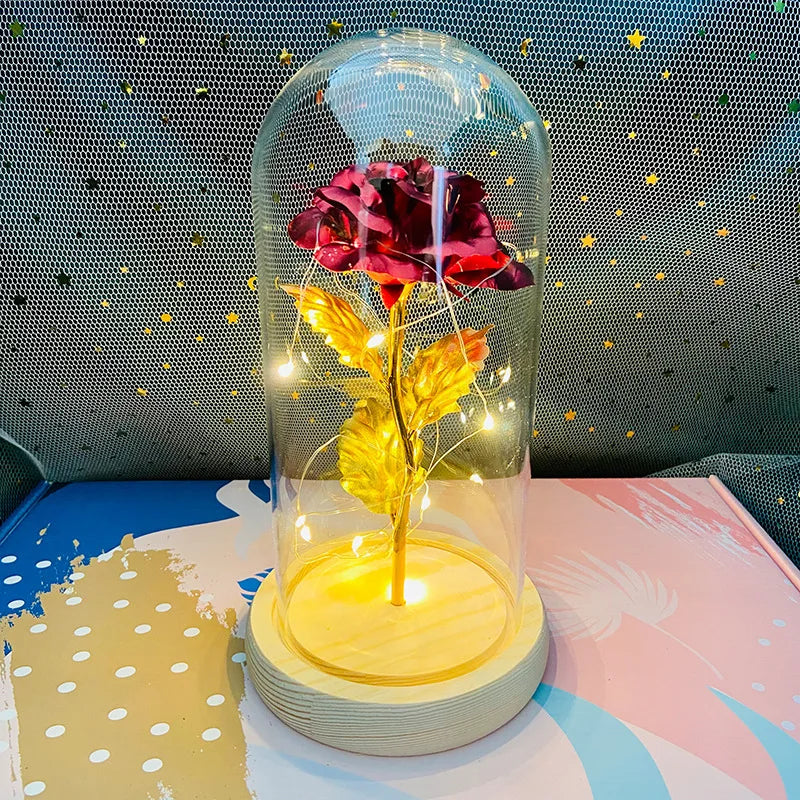 LED Valentine Day Gift for Girlfriend Eternal Rose Light 24K Gold Foil Flower in Glass Cover Mothers Day Wedding Bridesmaid Gift